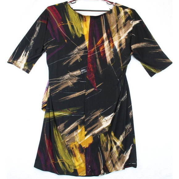 Signature By Robbie Bee Dress Faux Wrap Knot Women 1X Black Printed 3/4 Sleeve - Picture 2 of 14